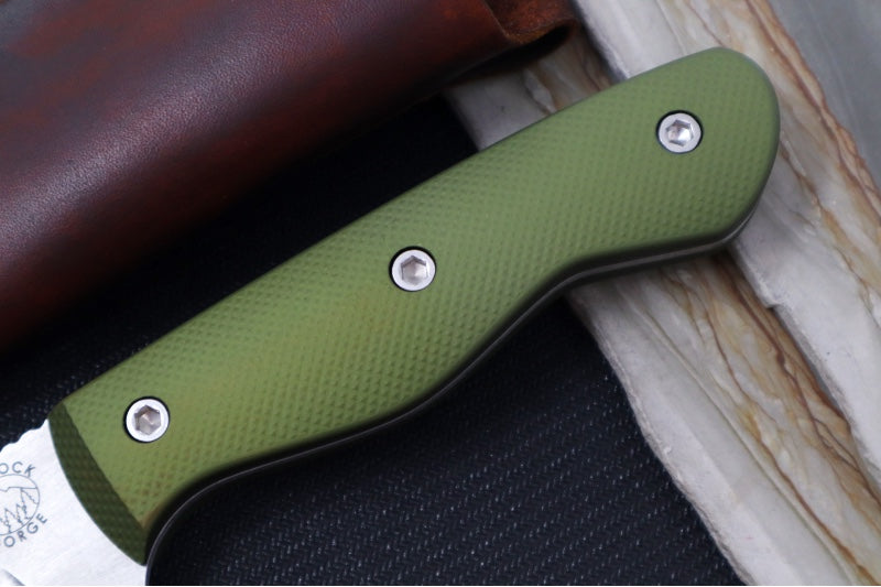 Garage Sale Greylock Forge Knives Fixed Blade - OD Green Anodized Aluminum Handle / Stonewashed Finish / 1095 Steel / Hand-Stiched Brown Leather Sheath