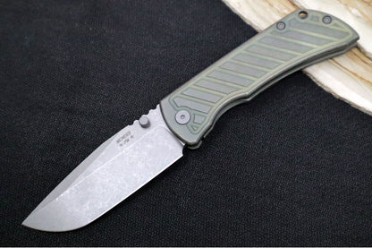 McNees Knives PM Mac2 3.5" Green & Bronze Fastback Folding Knife - CPM-Magnacut Steel / Drop Point / Green & Bronzed Fastback Patterned Anodized Titanium Handle