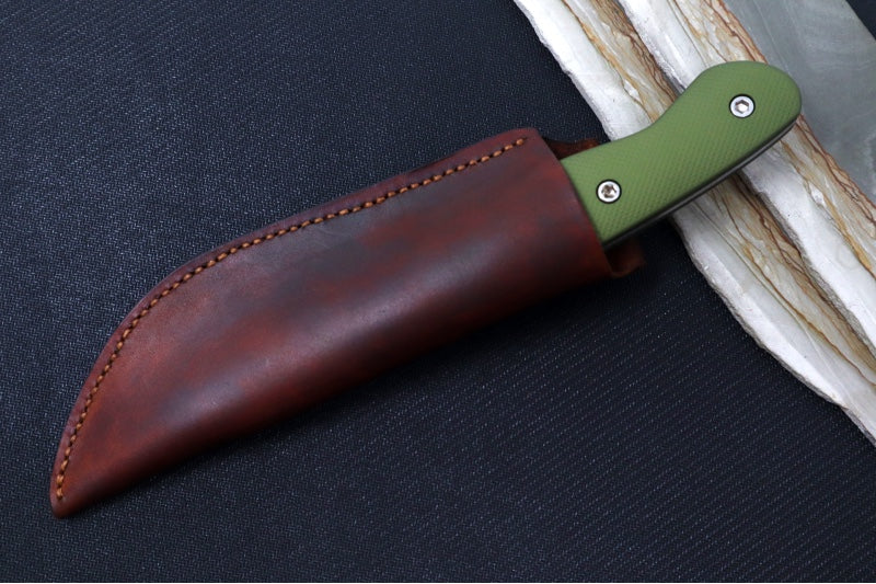 Garage Sale Greylock Forge Knives Fixed Blade - OD Green Anodized Aluminum Handle / Stonewashed Finish / 1095 Steel / Hand-Stiched Brown Leather Sheath