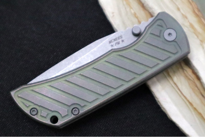 McNees Knives PM Mac2 3.5" Green & Bronze Fastback Folding Knife - CPM-Magnacut Steel / Drop Point / Green & Bronzed Fastback Patterned Anodized Titanium Handle