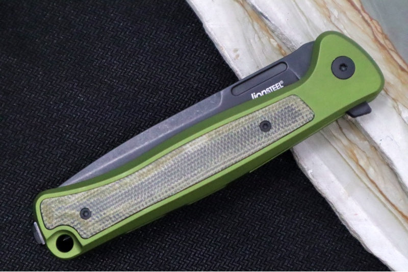 Lionsteel Skinny Integral Flipper - Drop Point Blade / CPM-Magnacut Steel / Green Aluminum Handles with Green Canvas Micarta Inlay SK01AGB - Northwest Knives