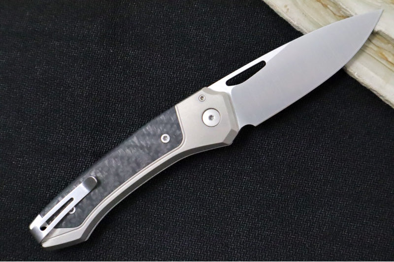 Lionsteel Twain Solid Button Lock Folder - Drop Point Blade / CPM-Magnacut Steel / Gray Titanium Handles with Integral Carbon Fiber Inlay TWGYCF - Northwest Knives