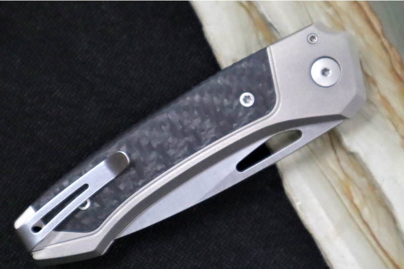 Lionsteel Twain Solid Button Lock Folder - Drop Point Blade / CPM-Magnacut Steel / Gray Titanium Handles with Integral Carbon Fiber Inlay TWGYCF