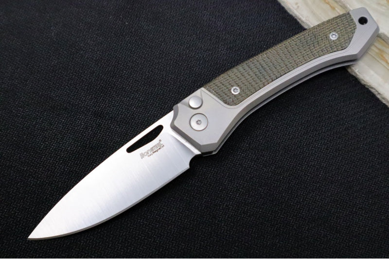 Lionsteel Twain Solid Button Lock Folder - Drop Point Blade / CPM-Magnacut Steel / Gray Titanium Handles with Integral Green Micarta Inlay TWGYCVG - Northwest Knives