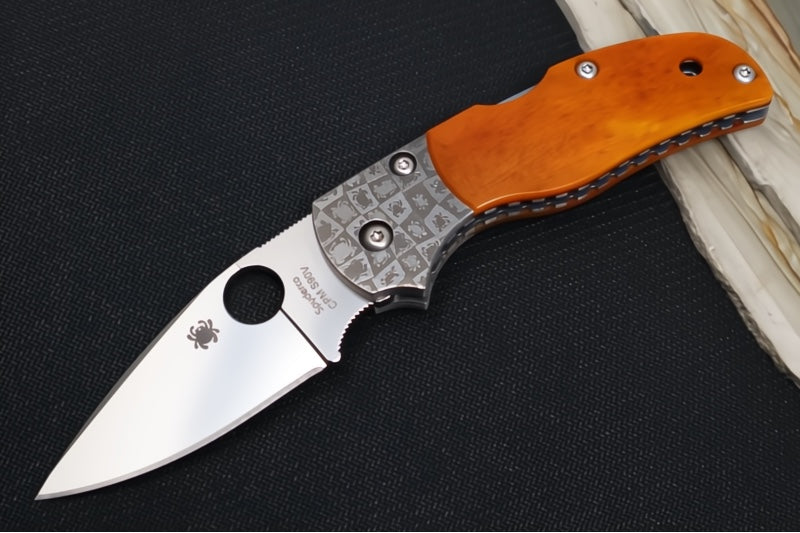 Spyderco Native 5 50th Anniversary SPRINT RUN - Amber Bone Handle / CPM-90V Steel / Drop Point / Satin Finish / Mosaic Damascus Bolsters C41BA50TH