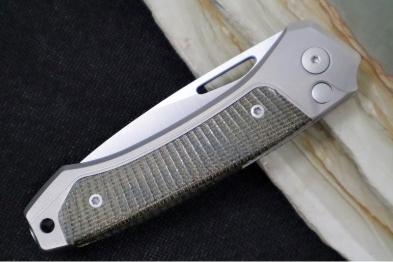 Lionsteel Twain Solid Button Lock Folder - Drop Point Blade / CPM-Magnacut Steel / Gray Titanium Handles with Integral Green Micarta Inlay TWGYCVG