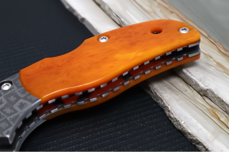 Spyderco Native 5 50th Anniversary SPRINT RUN - Amber Bone Handle / CPM-90V Steel / Drop Point / Satin Finish / Mosaic Damascus Bolsters C41BA50TH