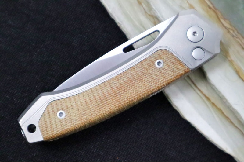 Lionsteel Twain Solid Button Lock Folder - Drop Point Blade / CPM-Magnacut Steel / Gray Titanium Handles with Integral Natural Micarta Inlay TWGYCVN - Northwest Knives