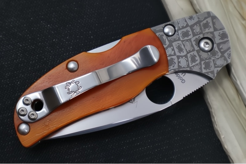 Spyderco Native 5 50th Anniversary SPRINT RUN - Amber Bone Handle / CPM-90V Steel / Drop Point / Satin Finish / Mosaic Damascus Bolsters C41BA50TH