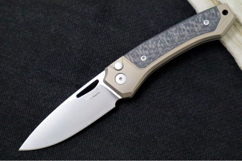 Lionsteel Twain Solid Button Lock Folder - Drop Point Blade / CPM-Magnacut Steel / Bronzed Titanium Handles with Integral Carbon Fiber Inlay TWBRCF - Northwest Knives