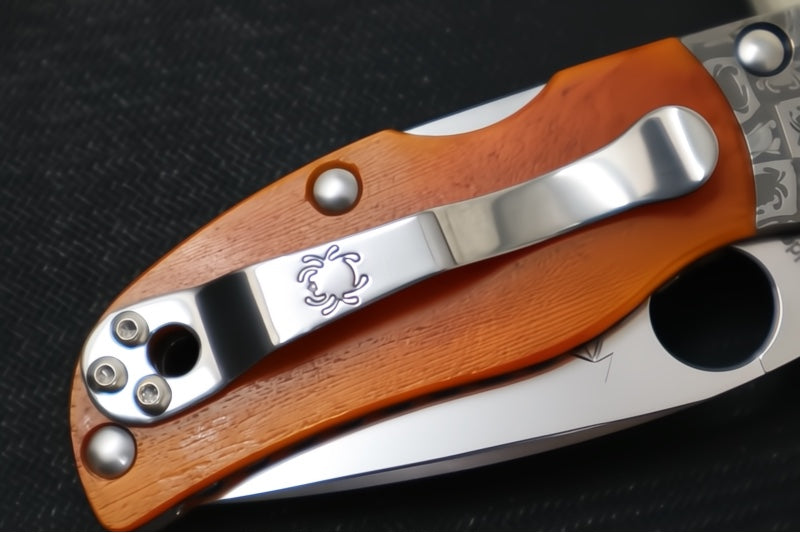 Spyderco Native 5 50th Anniversary SPRINT RUN - Amber Bone Handle / CPM-90V Steel / Drop Point / Satin Finish / Mosaic Damascus Bolsters C41BA50TH