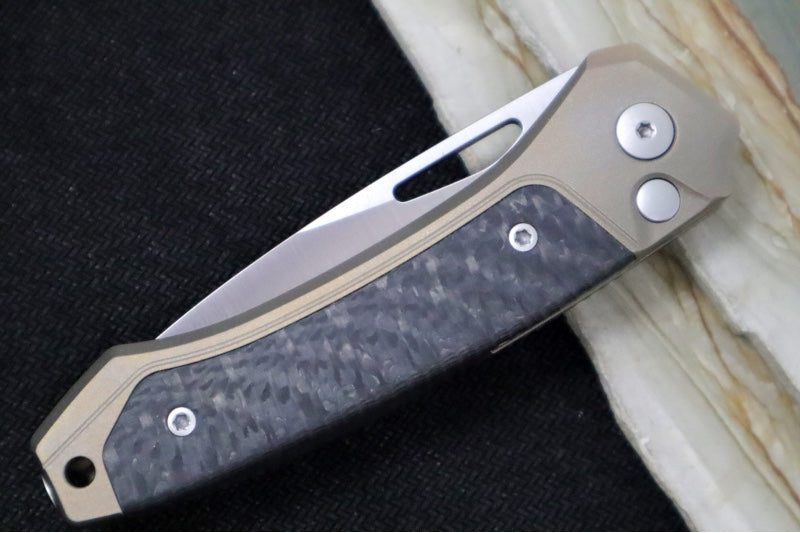 Lionsteel Twain Solid Button Lock Folder - Drop Point Blade / CPM-Magnacut Steel / Bronzed Titanium Handles with Integral Carbon Fiber Inlay TWBRCF