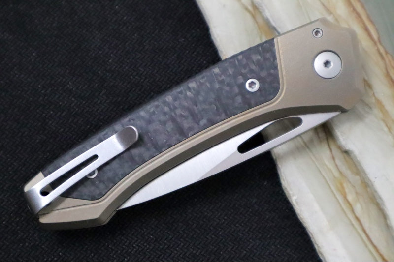 Lionsteel Twain Solid Button Lock Folder - Drop Point Blade / CPM-Magnacut Steel / Bronzed Titanium Handles with Integral Carbon Fiber Inlay TWBRCF - Northwest Knives