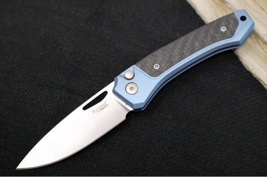 Lionsteel Twain Solid Button Lock Folder - Drop Point Blade / CPM-Magnacut Steel / Blue Titanium Handles with Integral Carbon Fiber Inlay TWBLCF