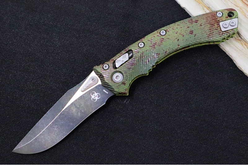 Microtech Amphibian Outbreak Folder RAM-Lok - Drop Point / Darkwash Outbreak Finish / Outbreak Green Aluminum Handle with Red Blood Splatter 137RL-1FLOBS - Northwest Knives