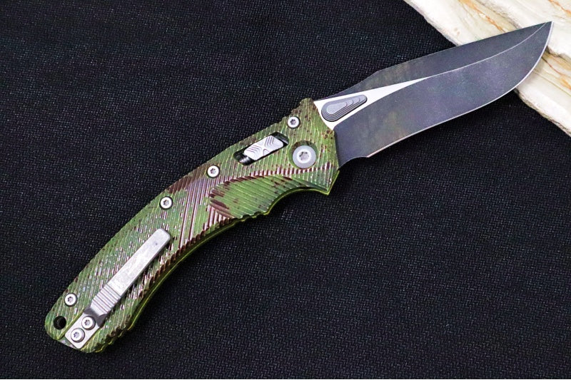 Microtech Amphibian Outbreak Folder RAM-Lok - Drop Point / Darkwash Outbreak Finish / Outbreak Green Aluminum Handle with Red Blood Splatter 137RL-1FLOBS - Northwest Knives