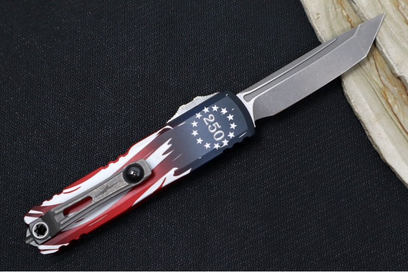 Garage Sale Microtech UTX-85 OTF Gen IV 250th Anniversary 4th of July Edition - Tanto Blade / Apocolyptic Finish / "250th Anniversary 4th of July" Aluminum Handle 12334-10APS-4J250 - Northwest Knives