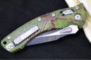 Microtech Amphibian Outbreak Folder RAM-Lok - Drop Point / Darkwash Outbreak Finish / Outbreak Green Aluminum Handle with Red Blood Splatter 137RL-1FLOBS - Northwest Knives