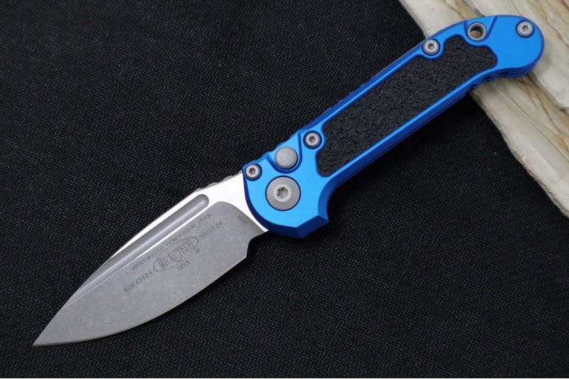 Microtech L.U.D.T Gen III - Apocalyptic Finish / Drop Point Blade / Blue Aluminum Handle & Black Traction Tape Inlay - 1135-1APBL - Northwest Knives