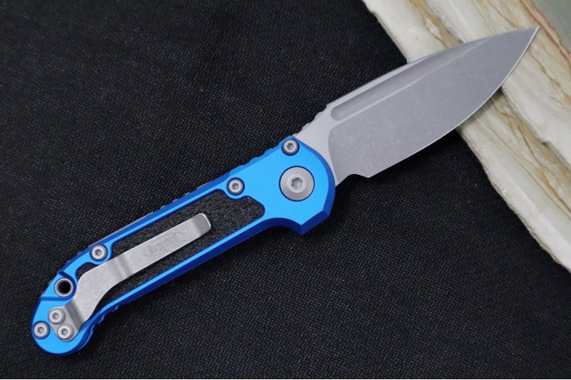 Microtech L.U.D.T Gen III - Apocalyptic Finish / Drop Point Blade / Blue Aluminum Handle & Black Traction Tape Inlay - 1135-1APBL