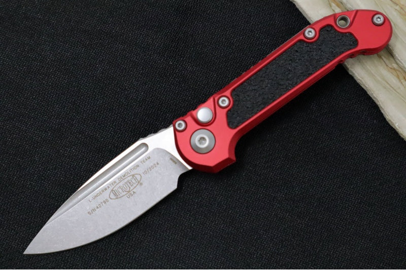 Microtech L.U.D.T Gen III - Stonewashed Finish / Drop Point Blade / Red Aluminum Handle & Black Traction Tape Inlay - 1135-10RD