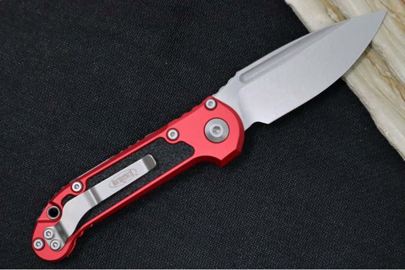 Microtech L.U.D.T Gen III - Stonewashed Finish / Drop Point Blade / Red Aluminum Handle & Black Traction Tape Inlay - 1135-10RD