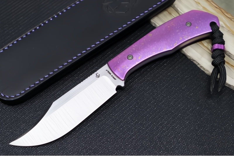 Jack Wolf Knives Bordertown Bowie Fixed Blade Knife - Purple Crystallized Titanium Handle / Bowie Blade / CPM-S90V Steel / Satin Finish