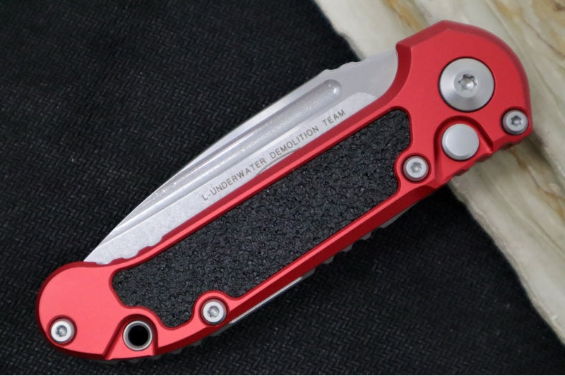 Microtech L.U.D.T Gen III - Stonewashed Finish / Drop Point Blade / Red Aluminum Handle & Black Traction Tape Inlay - 1135-10RD - Northwest Knives