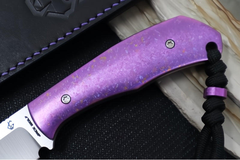 Jack Wolf Knives Bordertown Bowie Fixed Blade Knife - Purple Crystallized Titanium Handle / Bowie Blade / CPM-S90V Steel / Satin Finish