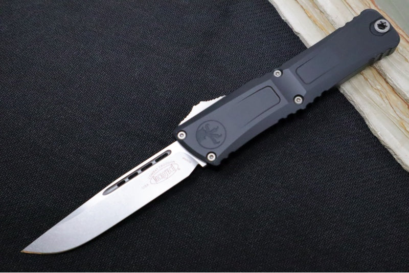 Microtech Combat Troodon OTF Gen III - Stonewashed Finish / Drop Point Blade / Black Anodized Aluminum Handle - 1143-10 - Northwest Knives