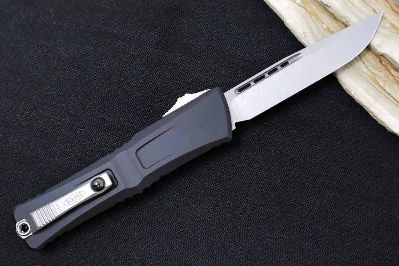 Microtech Combat Troodon OTF Gen III - Stonewashed Finish / Drop Point Blade / Black Anodized Aluminum Handle - 1143-10