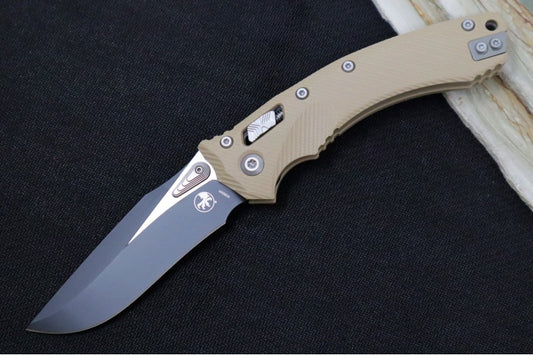 Microtech Amphibian Folder RAM-Lok - Black Finish / Drop Point / Fluted Tan G-10 Handle 137RL-1FLGTTA