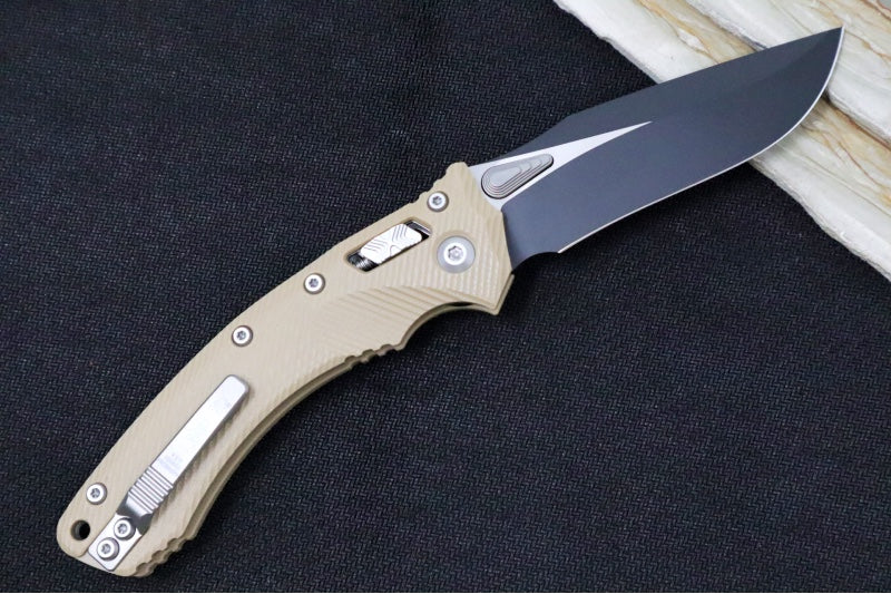 Microtech Amphibian Folder RAM-Lok - Black Finish / Drop Point / Fluted Tan G-10 Handle 137RL-1FLGTTA