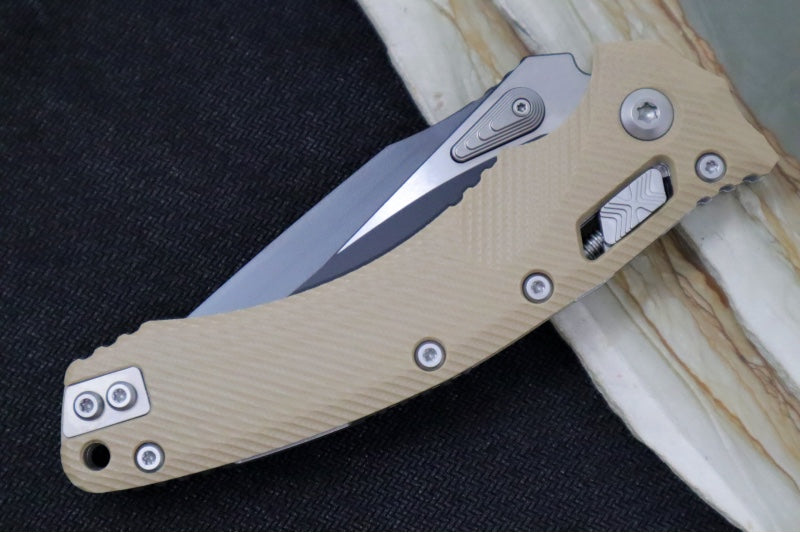 Microtech Amphibian Folder RAM-Lok - Black Finish / Drop Point / Fluted Tan G-10 Handle 137RL-1FLGTTA