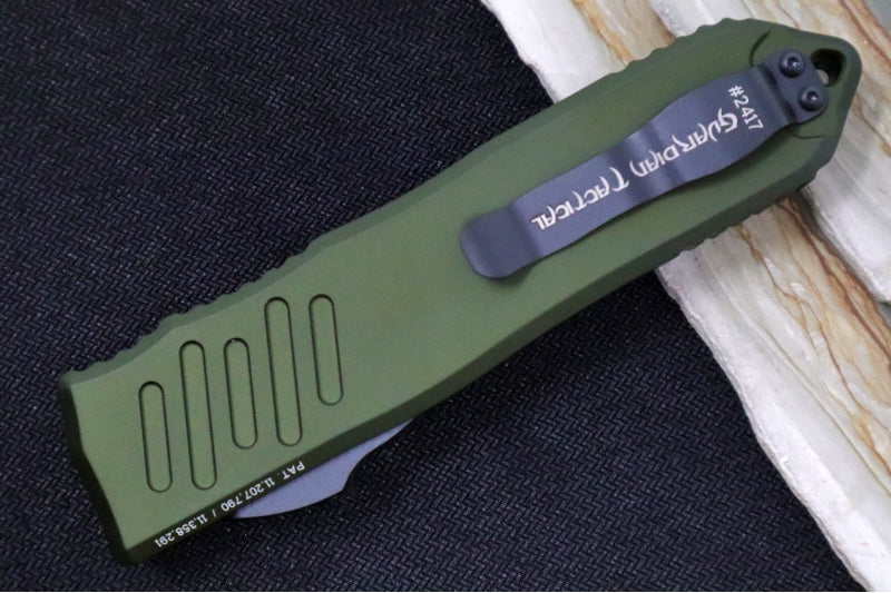 Guardian Tactical Recon 040 OTF - Serrated Drop Point Blade / Black Tactical Finish / Elmax Steel / OD Green Anodized Aluminum Handle 118112 - Northwest Knives
