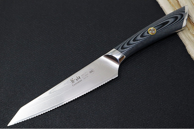 Cangshan Cutlery NAKA Series 6" Serrated Utility Knife - 67 Layered Forged X-7 Damascus - Magnetic Wood Saya Sheath - Northwest Knives