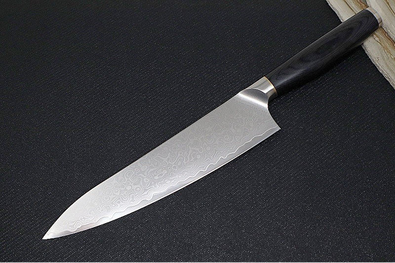 Taski - 8" Chef Knife - 67-layer TS-60 Damascus - Black Pakkawood Handle - Handmade in Seki City, Japan