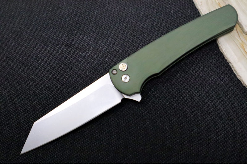 Pro Tech Malibu CCKS Fall Exclusive - Green Anodized Aluminum Handle / Mosaic Pin Push Button / Satin Hardware & Clip / Stonewash finish / Reverse Tanto Blade / CPM-Magnacut Steel