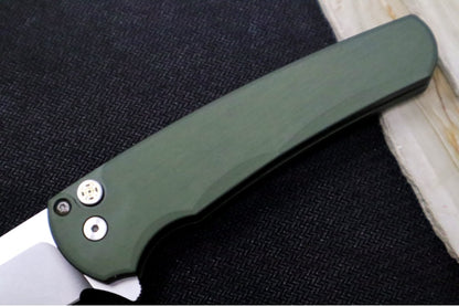 Pro Tech Malibu CCKS Fall Exclusive - Green Anodized Aluminum Handle / Mosaic Pin Push Button / Satin Hardware & Clip / Stonewash finish / Reverse Tanto Blade / CPM-Magnacut Steel