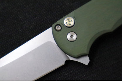 Pro Tech Malibu CCKS Fall Exclusive - Green Anodized Aluminum Handle / Mosaic Pin Push Button / Satin Hardware & Clip / Stonewash finish / Reverse Tanto Blade / CPM-Magnacut Steel