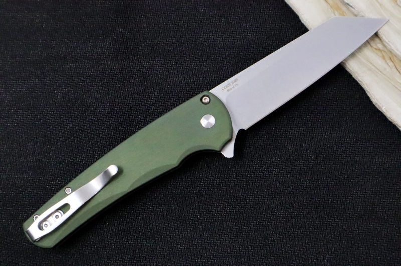 Pro Tech Malibu CCKS Fall Exclusive - Green Anodized Aluminum Handle / Mosaic Pin Push Button / Satin Hardware & Clip / Stonewash finish / Reverse Tanto Blade / CPM-Magnacut Steel