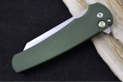 Pro Tech Malibu CCKS Fall Exclusive - Green Anodized Aluminum Handle / Mosaic Pin Push Button / Satin Hardware & Clip / Stonewash finish / Reverse Tanto Blade / CPM-Magnacut Steel