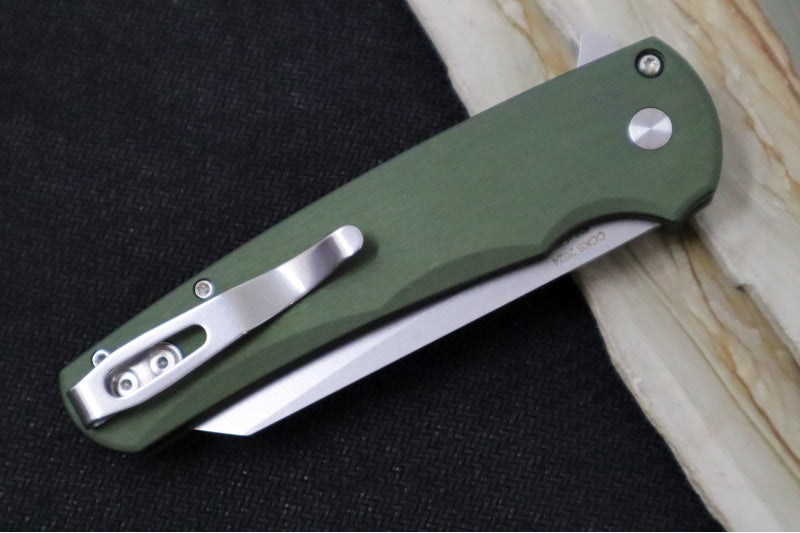 Pro Tech Malibu CCKS Fall Exclusive - Green Anodized Aluminum Handle / Mosaic Pin Push Button / Satin Hardware & Clip / Stonewash finish / Reverse Tanto Blade / CPM-Magnacut Steel