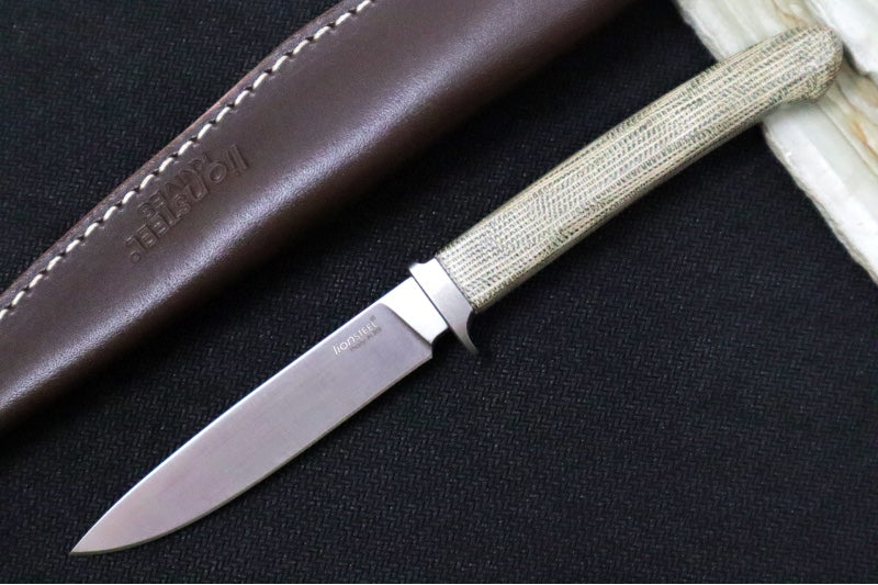 Lionsteel AG01 Fixed Blade - Green Canvas Micarta Handle & Titanium Bolsters / M390 Steel / Drop Point Blade / Brown Leather Sheath AG01CVG - Northwest Knives