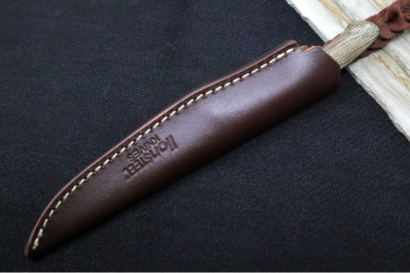 Lionsteel AG01 Fixed Blade - Green Canvas Micarta Handle & Titanium Bolsters / M390 Steel / Drop Point Blade / Brown Leather Sheath AG01CVG - Northwest Knives