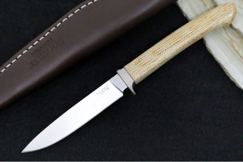 Lionsteel AG01 Fixed Blade - Natural Canvas Micarta Handle & Titanium Bolsters / M390 Steel / Drop Point Blade / Brown Leather Sheath AG01CVN