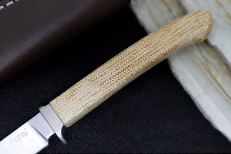 Lionsteel AG01 Fixed Blade - Natural Canvas Micarta Handle & Titanium Bolsters / M390 Steel / Drop Point Blade / Brown Leather Sheath AG01CVN