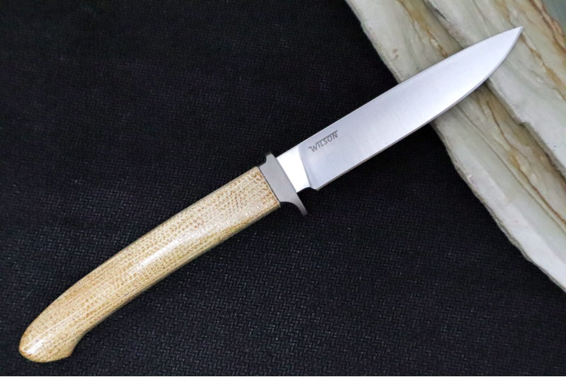 Lionsteel AG01 Fixed Blade - Natural Canvas Micarta Handle & Titanium Bolsters / M390 Steel / Drop Point Blade / Brown Leather Sheath AG01CVN