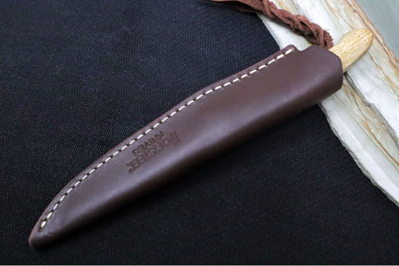 Lionsteel AG01 Fixed Blade - Natural Canvas Micarta Handle & Titanium Bolsters / M390 Steel / Drop Point Blade / Brown Leather Sheath AG01CVN