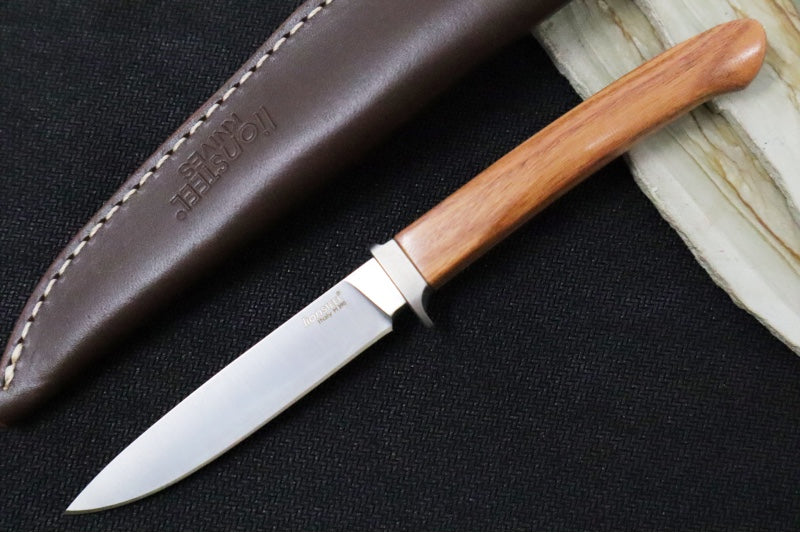 Lionsteel AG01 Fixed Blade - Santos Wood Handle & Titanium Bolsters / M390 Steel / Drop Point Blade / Brown Leather Sheath AG01ST